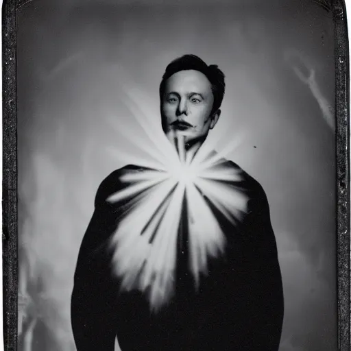 Prompt: elon musk as a ghost photography with bulbous ectoplasm, daguerreotype