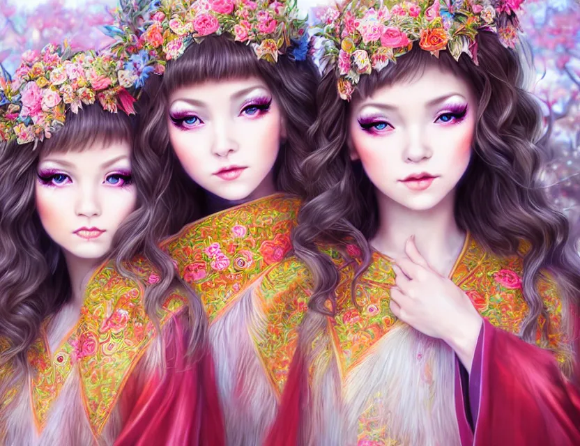 Image similar to two beautiful fashion siberian girls wear fantasy kimono in festival | | big eyes, sunny, dreamlike art, realistic shaded, smile, good looking, hyper details, 4 k realistic, cryengine, realistic shaded lighting poster by artgerm, ross tran, fuji choko, loish, 8 k resolution, trending on artstation, luxury