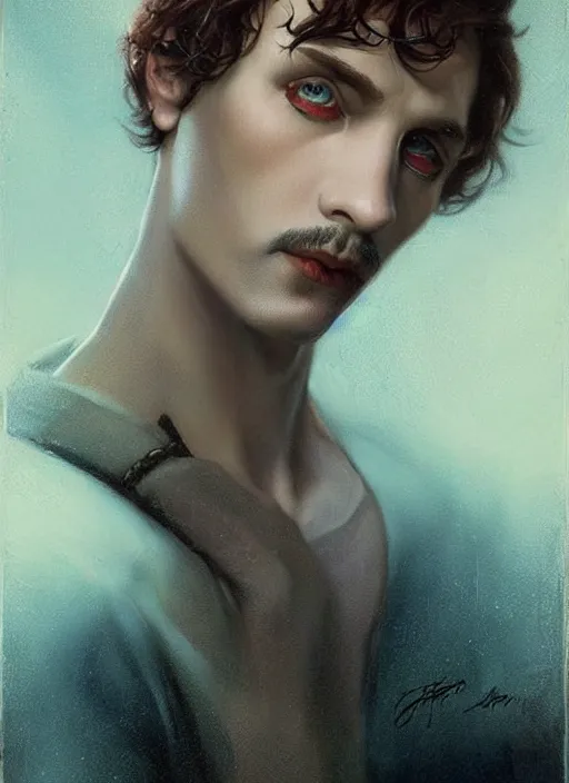 Prompt: a sinister portrait of a man with beautiful blue eyes and short brown hair, art by manuel sanjulian and tom bagshaw