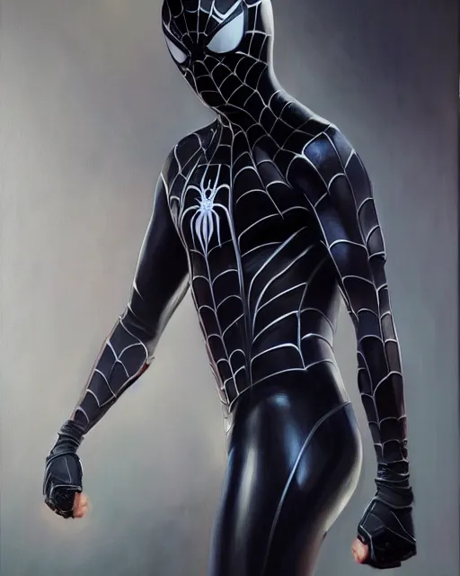 Image similar to hybrid of a sleek stealth suit and spider - man, photorealistic oil painting, hyperdetailed, realistic