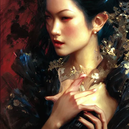 Prompt: detailed cinematic wide shot of beautiful attractive asian vampire woman slim face symettrical face clean skin black eyes black robe smooth, sharp focus, ultra realistic, spring light, painting by gaston bussiere, craig mullins, j. c. leyendecker