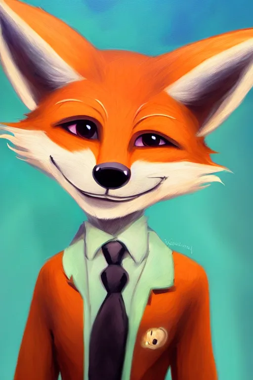 Prompt: oil painting of anthromorphic female fox, in style of zootopia, female fursona, furry, furaffinity, 4 k, deviantart, furry art, fursona art, wearing black business suit, business suit, fox fursona, female, smug expression,