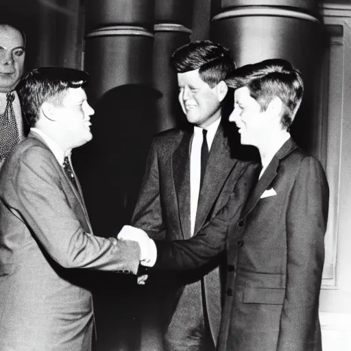 Image similar to a black and white photo of john f kennedy shaking hands with the alien from et