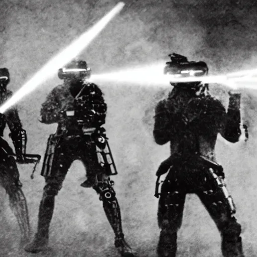 Image similar to grainy 1800s photo of a cybernetic warriors shooting humans with laser weapons in a smoky city