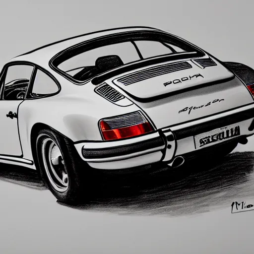 Image similar to black and white pencil sketch of a porsche 9 1 1 9 6 4 carrera 2 rear, studio lighting, photorealistic, 4 k