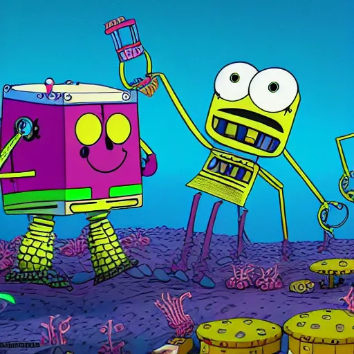 Prompt: bikini bottom being invaded by robots by stephen hillenburg, cartoon, award - winning, dramatic, dark, william osborne tucker iii, nickelodeon, detailed, 4 k