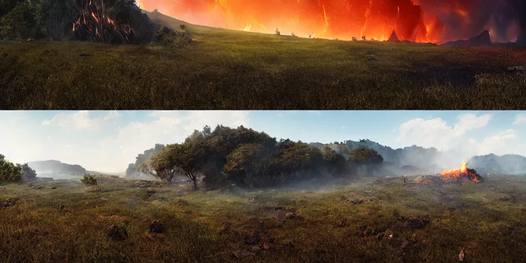 Image similar to two completly different landscapes divided exaclty in the vertical middle by a mysterious force, one landscape with a lot of fire and burned ground and no life and burning sky and another landscape with a lot flora and fauna and trees and blue sky and green ground with lots of gras and animals, hyperrealistic, high quality, 4k, ultra detailed