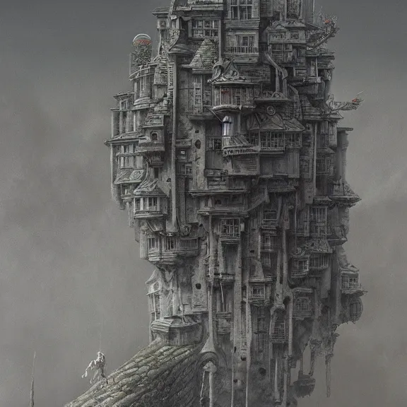 Prompt: A highly detailed 4K fantasy matte painting of howls moving castle, zdzislaw beksinski, ArtStation, CGSociety, Unreal Engine