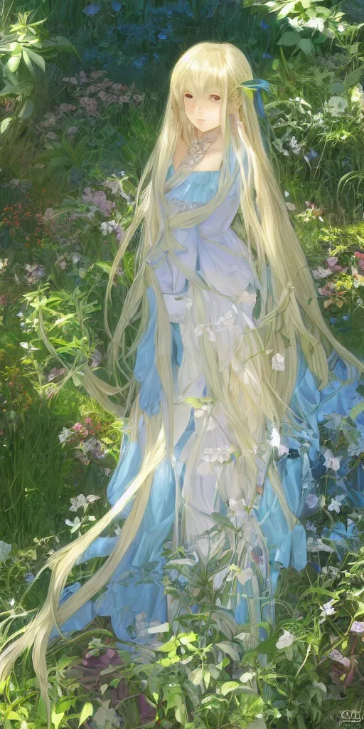 Prompt: a digital art of a loli with long hair in a dress in the privet garden at after noon, green and blue and warm theme, back lighting, by krenz cushart and mucha and akihito yoshida and greg rutkowski and makoto shinkai, detailed eyes, 4 k resolution, trending on art station