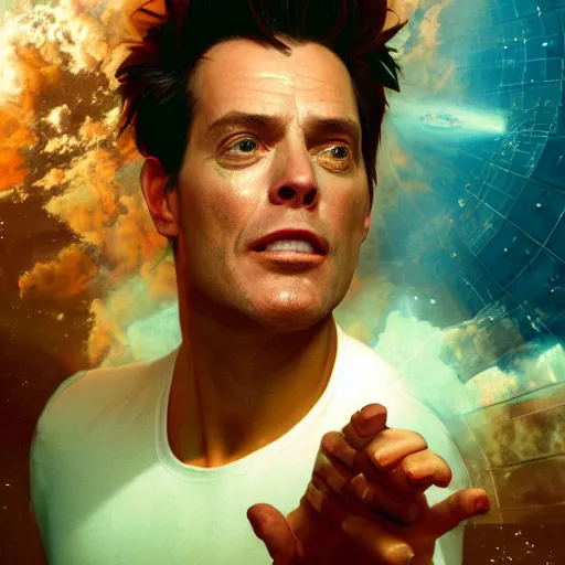 Image similar to hyperrealistic film still of ace ventura hiding in space, prey, stunning 3 d render, inspired by istvan sandorfi & greg rutkowski & unreal engine, perfect symmetry, dim volumetric cinematic lighting, 8 k octane comprehensive render, extremely hyper - detailed, incredibly lifelike attributes, intricate, real flesh texture, masterpiece, artstation, stunning,