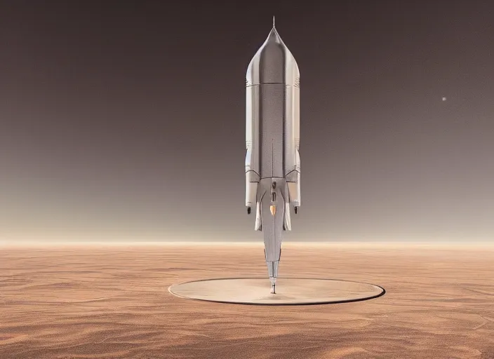 Image similar to a pure silver minimalist rocket has landed on a desert, minimalist design, by jean delville and sophie anderson and mandy jurgens and ralph mac quarrie, retrofuturism, immaculate scale, moody atmosphere, cinematic atmospheric, cinematic lighting, golden ratio, perfect composition, elegant, no crop, extremely detailed, 4 k, hd, sharp focus, masterpiece, trending on artstation