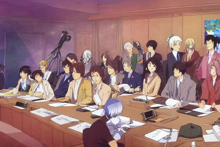 Image similar to cell shaded anime key visual of a federation council meeting with important people in the stlye of studio ghibli, moebius, ayami kojima, makoto shinkai, dramatic lighting