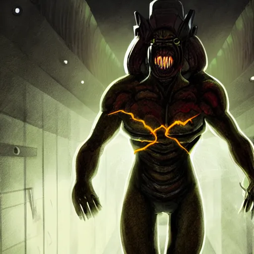 Prompt: mutant figure dashing lightning fast through spaceship hallway, medium shot, full body, illustration, 4 k, dramatic artwork, magic the gathering artwork, horror, cursed