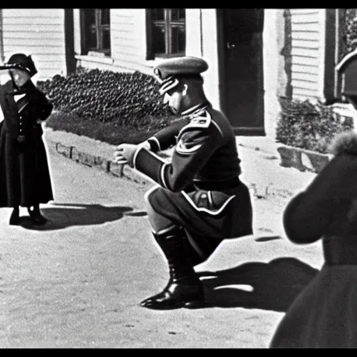 Image similar to ultra wide 1 9 4 6 blurry historical photo of a single german general kneeling, a young queen elizabeth and her brown and white corgi watch him, french village exterior, highly detailed, sharp focus