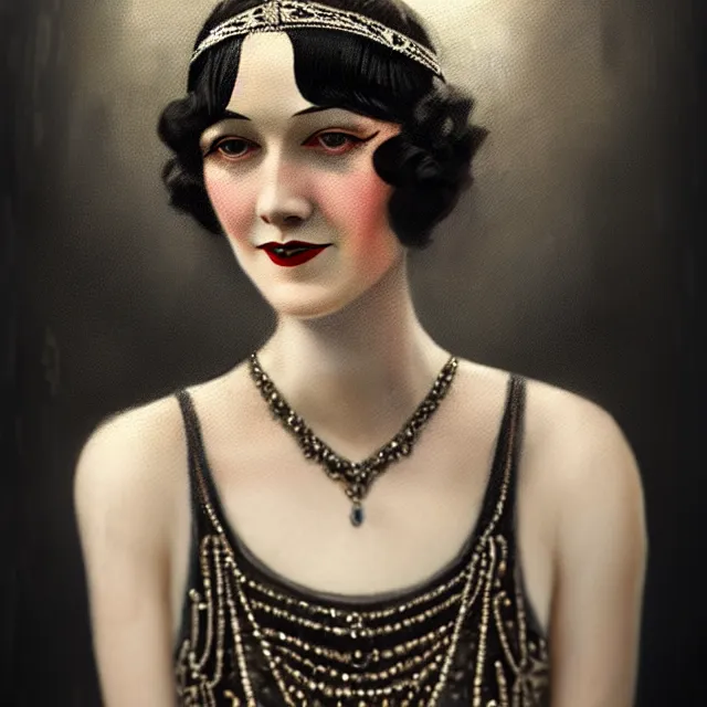 Prompt: a portrait photo of a 1 9 2 0 s woman with a slight smile in a flapper dress, atmospheric lighting, painted, intricate, ultra detailed by leesha hannigan, thierry doizon, kai carpenter, well composed, best on artstation, cgsociety, epic, stunning, gorgeous, intricate detail, wow, masterpiece