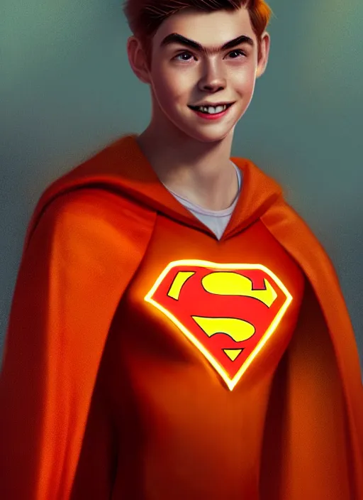 Image similar to kind teenage archie andrews wearing an orange superhero costume, freckles, superhero costume with heart emblem, cape, intricate, elegant, glowing lights, highly detailed, digital painting, artstation, sharp focus, illustration, art by wlop, mars ravelo and greg rutkowski