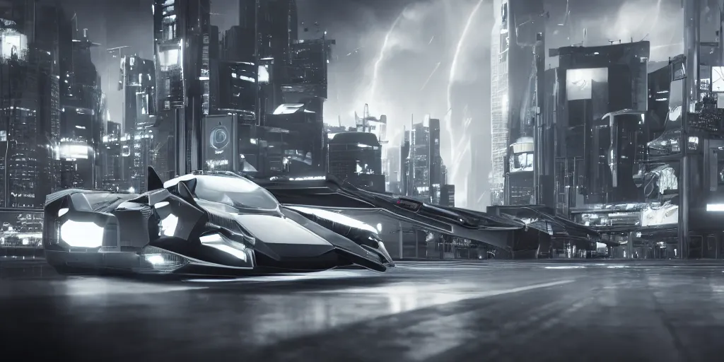 Prompt: the batmobile driving through a futuristic city. neon. fluorescent light. view from inside the cockpit, behind the wheel. highly detailed. octane render. 8 k. monochrome. black and white. cinematic.