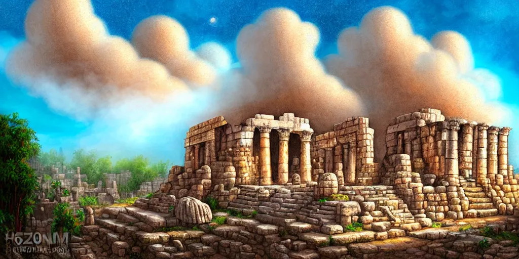 Image similar to illusion painting hidden temple in the clouds : an adorable small fox in the huge ruins of the second temple in jerusalem. a new temple hovers quietly hiding in the dreamy clouds above. a hooded bearded old man in a brown tunic laughing, colorful 8 k, art station, intricate superb details, digital art, illusion painting hidden image.