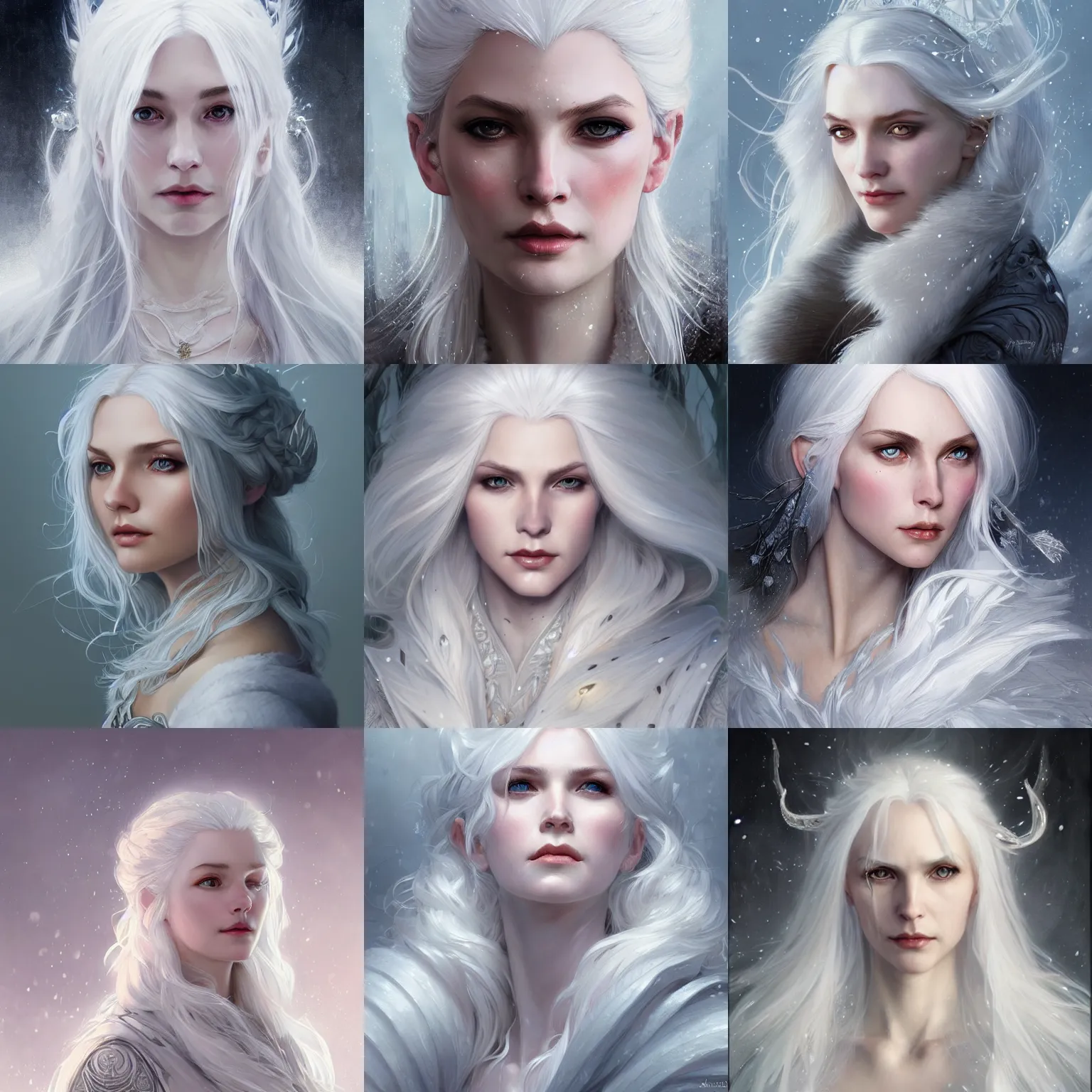 Prompt: portrait of a white-haired winter witch, elegant, intricate, headshot, D&D, fantasy, highly detailed, digital painting, artstation, concept art, sharp focus, illustration, art by artgerm and greg rutkowski and alphonse mucha