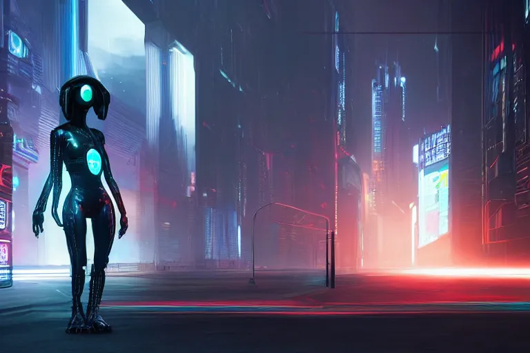 Image similar to cyberpunk alien concept inspired street, futuristic look, highly detailed body, very powerful, photorealistic camera shot, bright studio setting, studio lighting, crisp quality and light reflections, unreal engine 5 quality render