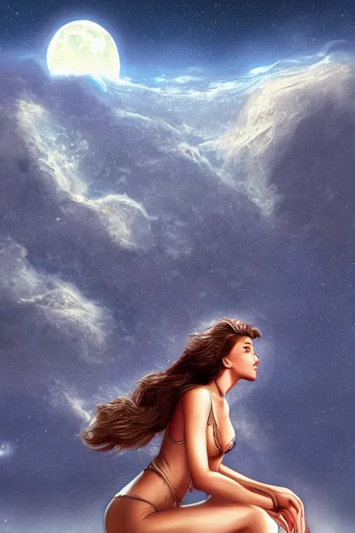 Image similar to Beautiful Woman sitting on the moon with a view of the earth in the background, digital painting, highly detailed, artstation, concept art, smooth, sharp focus, illustration.