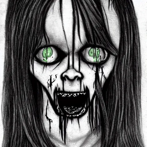 Prompt: grunge drawing of an alien in the style of the grudge | horror themed