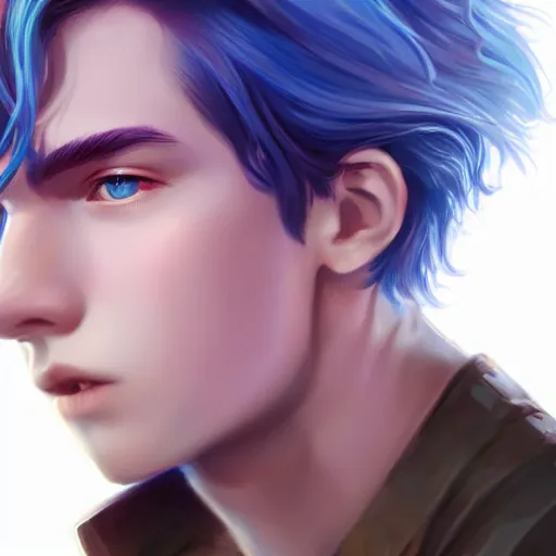 Prompt: teen boy, blue hair, pink eyes, gorgeous, amazing, elegant, intricate, highly detailed, digital painting, artstation, concept art, sharp focus, portrait, illustration, art charlie bowater and Ross tran