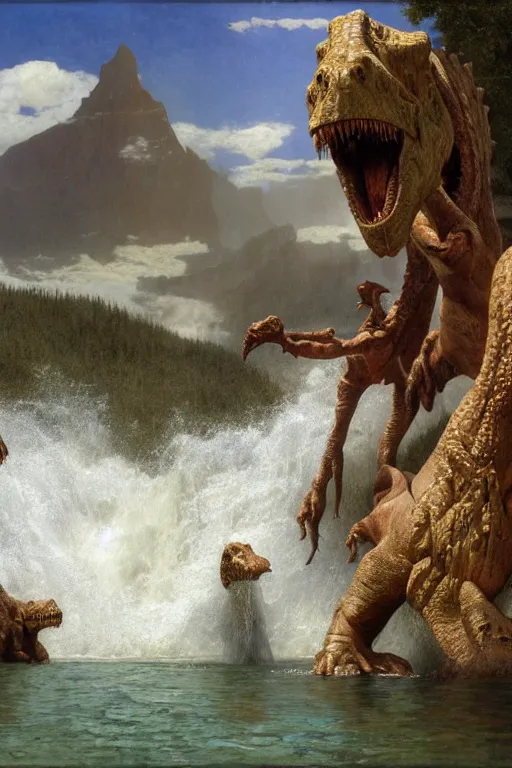 Image similar to a huge dinosaur demon emerges from lake in canadian rockies watched by three people, water splashes cascades, beautiful day, by albert bierstadt, ruan jia, lawrence alma tadema, zdzislaw beksinski, carl spitzweg, everett raymond kinstler, norman rockwell, jack kirby, tom lovell, greg staples