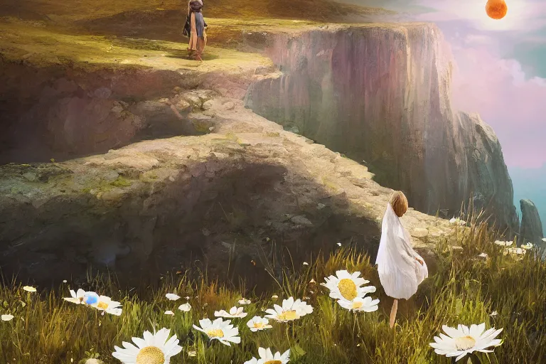 Image similar to giant white daisy flower under the head, girl standing on cliff, surreal photography, solar eclipse, milky way, dramatic light, impressionist painting, clouds, digital painting, artstation, james gilleard, liam wong, jeremy mann, simon stalenhag