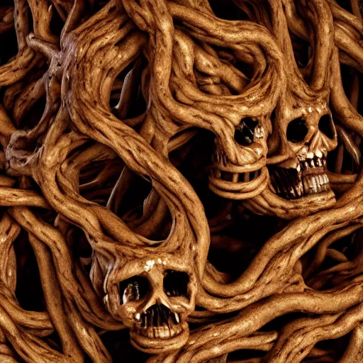 Image similar to extreme closeup photo of a Skulls shrouded in intestine vines, flies sitting on the skull, body horror, 3D render,subsurface scattering,global illumination,raytracing,studio lighting,optical lens flare fx,bokeh,cinematic,photorealistic,photography by Helmut Newton, Sigma 85mm f/1.4, 4K, UHD, HDR