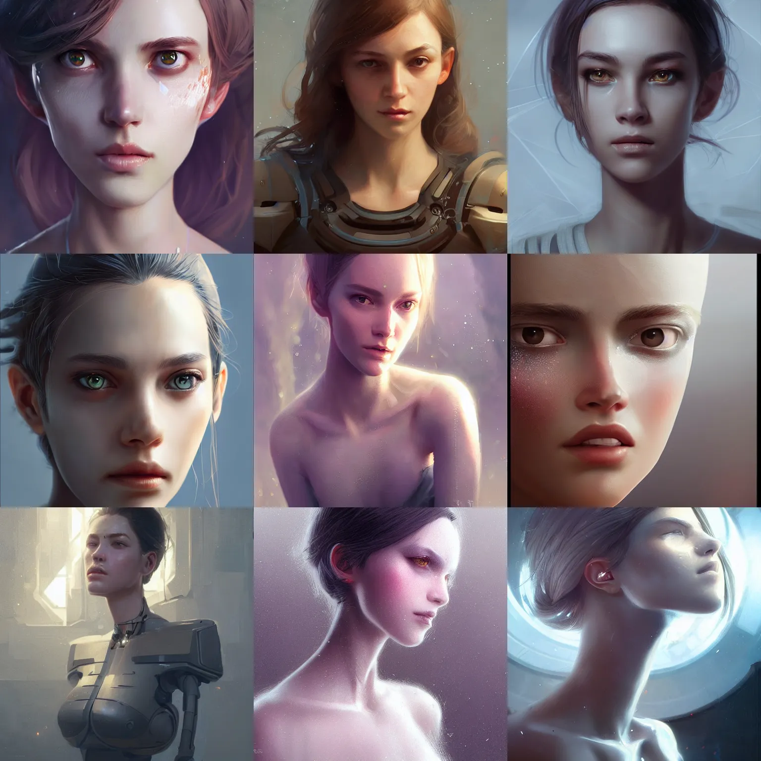 Prompt: a beautiful female android, digital art, 8 k resolution, unreal engine, highly detailed, beautiful face, pretty face, very detailed eyes, robotic, by wlop, greg rutkowski