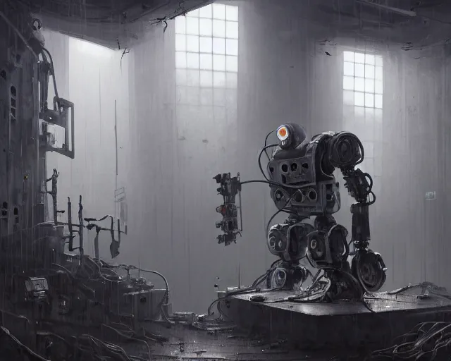 Image similar to gloomy ruined server room in datacenter robot automata rusty steel robot knight colossus welder pacing fixing mono eyed, sharp focus, emitting diodes, smoke, artillery, sparks, racks, motherboard, by pascal blanche rutkowski repin artstation hyperrealism painting concept art of detailed character design matte painting, 4 k resolution blade runner