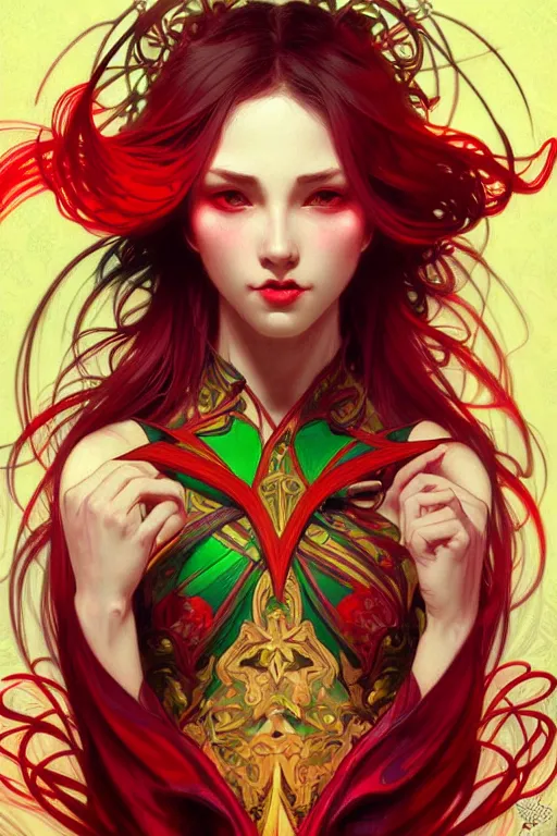 Prompt: green red yellow, dark fantasy, intricate, elegant, highly detailed, digital painting, artstation, concept art, matte, sharp focus, illustration, art by artgerm and alphonse mucha