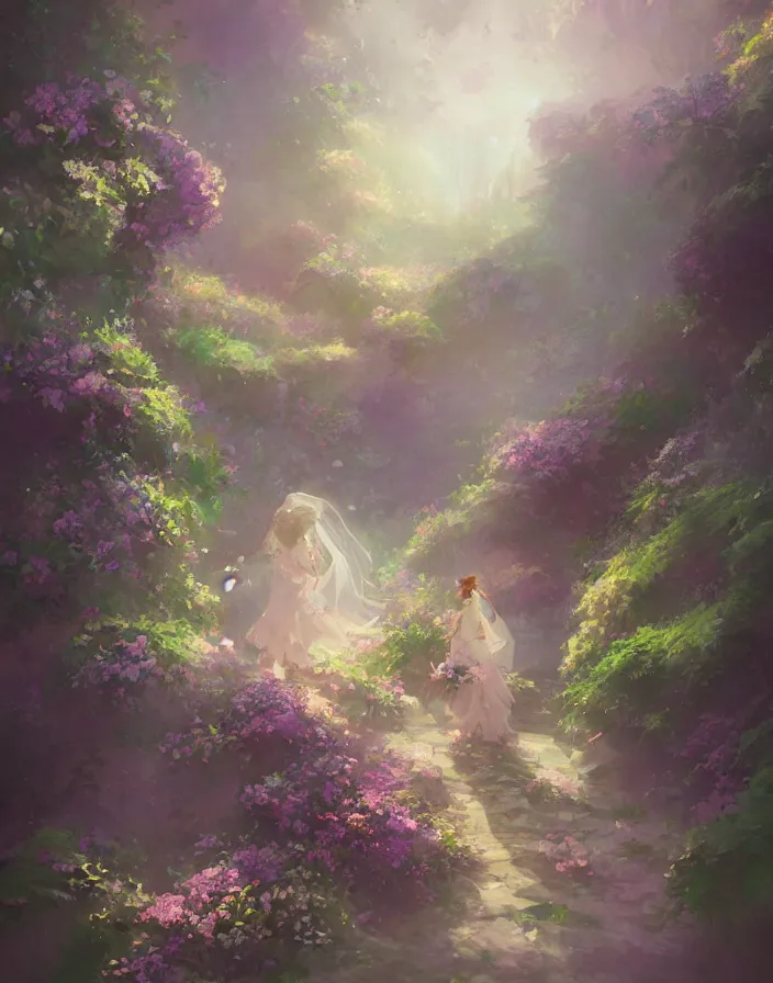 Image similar to beautiful wedding flower bouquet, environment concept art, daytime ethereal anime, high detail Impressionist style, dreamy light color palette, style of studio ghibli and moebius, concept art stunning atmosphere, trending on artstation, volumetric light