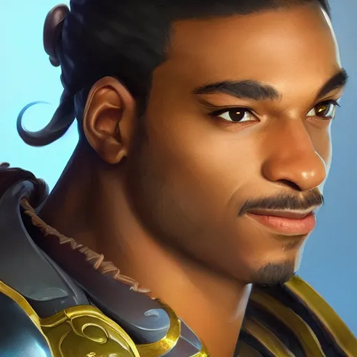 Image similar to closeup portrait of lucio from overwatch, d & d, fantasy, intricate, elegant, highly detailed, digital painting, artstation, concept art, matte, sharp focus, illustration, hearthstone, art by artgerm and greg rutkowski and alphonse mucha