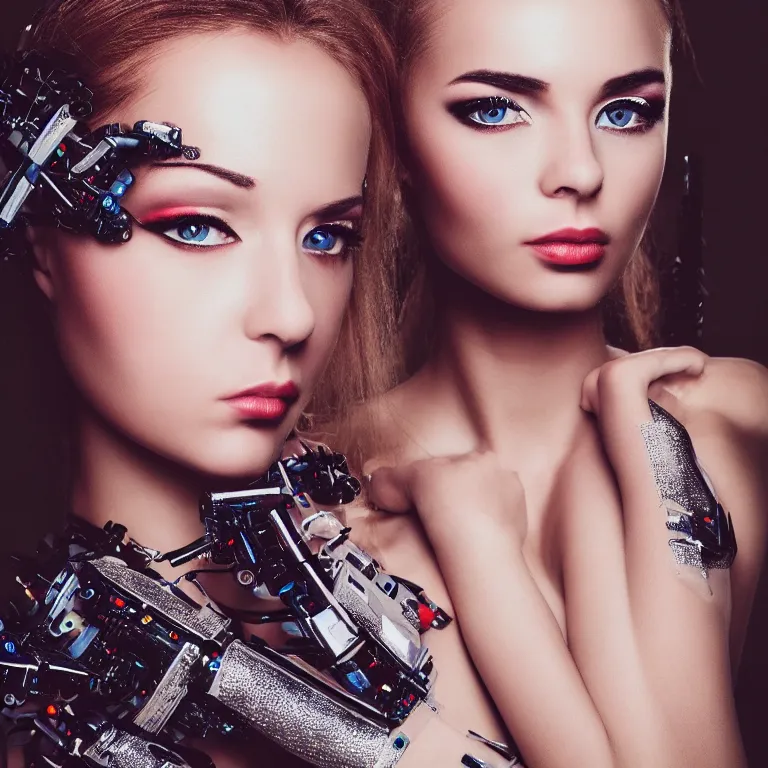 Image similar to “ a realistic photo of a cyborg beauty queen robot with a perfect face and stunning eyes looking at the the camera, fashion photography, 5 5 mm f 2. 8 canon ”