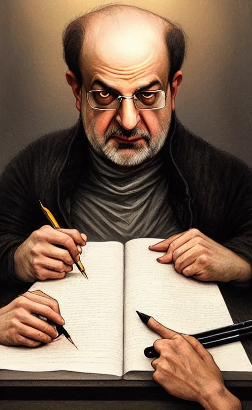 Image similar to portrait of salman rushdie writing in the dark, deep focus, blade runner 2 0 4 9, fantasy, intricate, elegant, highly detailed, digital painting, artstation, concept art, matte, sharp focus, illustration, art by artgerm and greg rutkowski and alphonse mucha