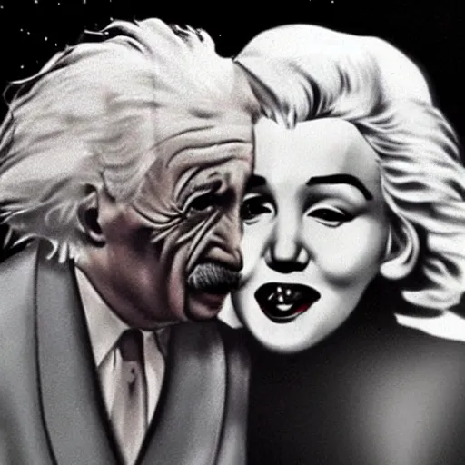 Image similar to Marylin Monroe kissing Albert Einstein, hyper realism, accurate, 3d