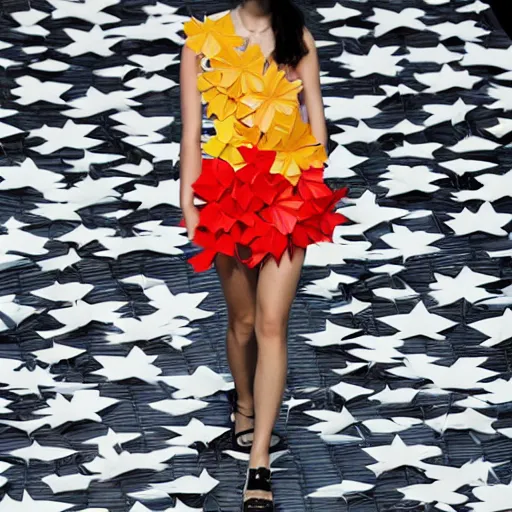 Prompt: beautiful model wearing origami - themed huge paper flower fashion runway by issey miyake