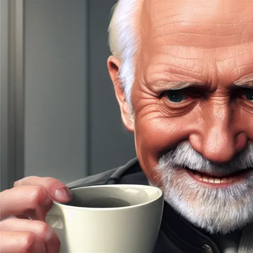 Image similar to hide the pain harold ; cinematic screenshot ; crisp sharp focus ; ultra realistic, concept art, intricate details, cool forced smile at office with cup in hand, highly detailed, photorealistic, octane render, 8 k, unreal engine. art by artgerm and greg rutkowski and charlie bowater and magali villeneuve and alphonse mucha