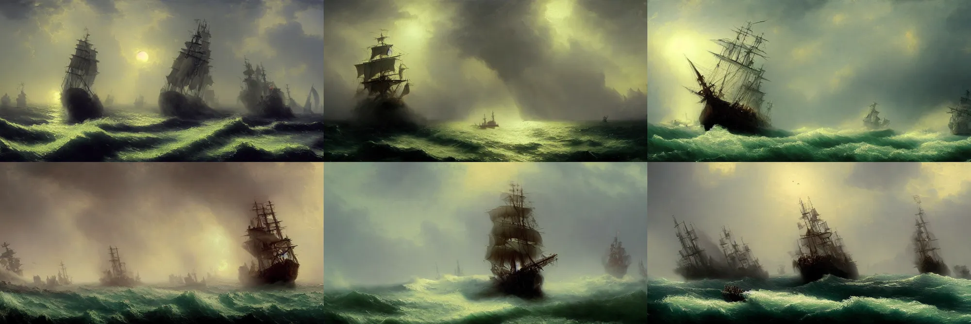 Prompt: a pirate ship heading towards a giant cthulhu, by Ivan Aivazovsky, featured on artstation