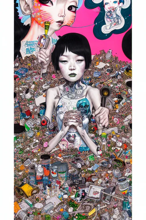 Image similar to full view, from a distance, of anthropomorphic trashcan, style of yoshii chie and hikari shimoda and martine johanna, highly detailed