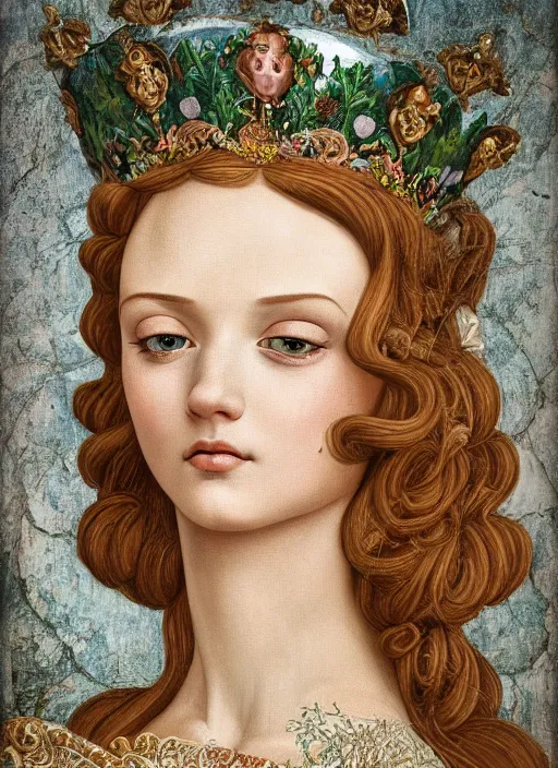 Image similar to closeup medieval botticelli face portrait of a fairytale princess wearing a crown eating cakes in the castle, bikini, depth of field, zeiss lens, detailed and intricate environment, fashion photoshoot by nicoletta ceccoli, mark ryden, lostfish, breathtaking, 8 k resolution, extremely detailed, beautiful, establishing shot, artistic, hyperrealistic, octane render
