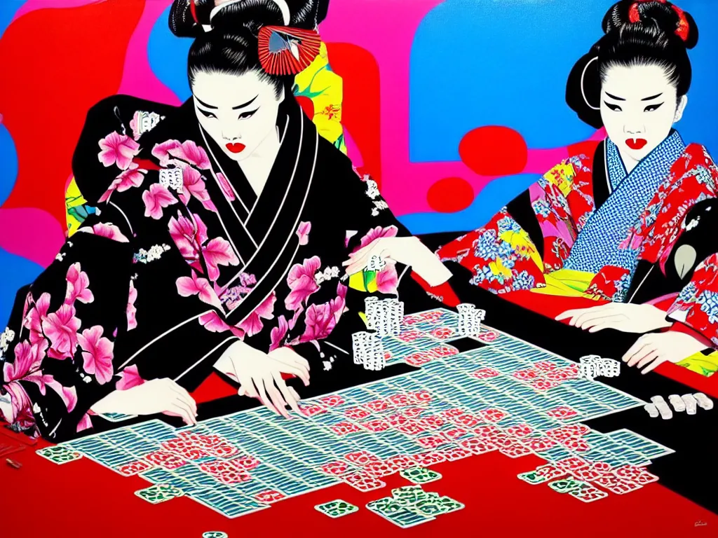 Image similar to hyperrealistic composition of the detailed woman in a japanese kimono sitting at a extremely detailed poker table with detailed darth vader, fireworks, mountain fuji on the background, pop - art style, jacky tsai style, andy warhol style, acrylic on canvas