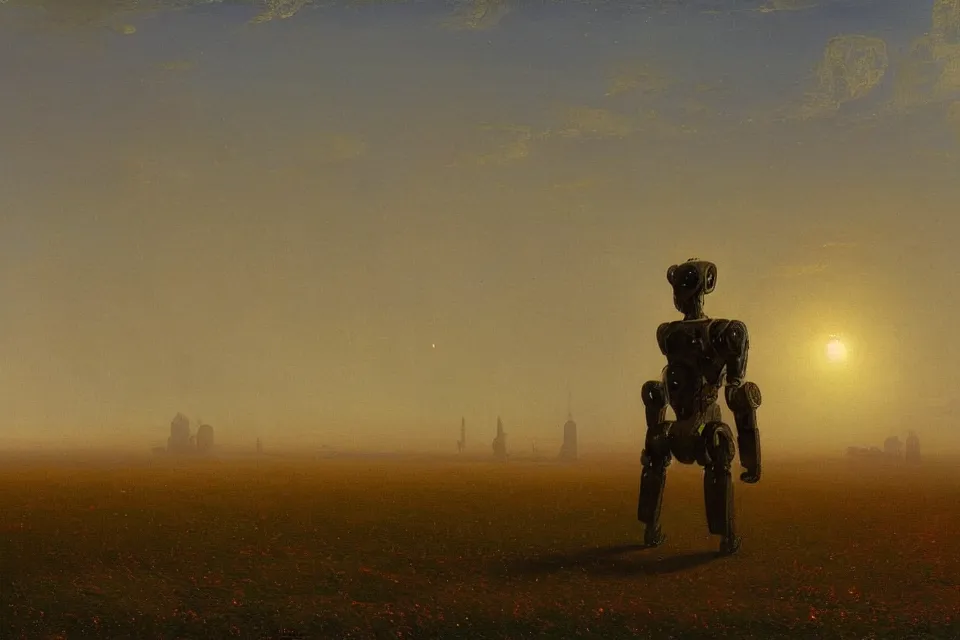 Image similar to sci-fi painting of a nearby large alien city on the vast wheat fields, the closed back view of one humanoid robot on the ground, by Ivan Aivazovsky, godrays, detailed