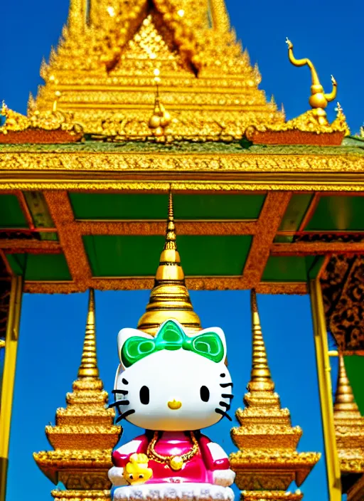 Image similar to emerald buddha temple with hello kitty theme, high lights, 4 k, high detailed photography, 5 0 mm lens, depth of field, cinematic