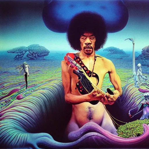 Image similar to ultrawide angle colour masterpiece surreal closeup portrait photography of jimi hendrix playing on stage by miho hirano and annie leibovitz and michael cheval, weird surreal epic psychedelic complex biomorphic 3 d fractal landscape in background by kilian eng and roger dean and salvador dali and beksinski, 8 k