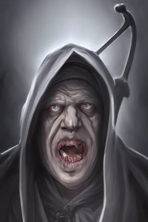 Image similar to Boris Johnson as Grim Reaper in a hood with a scythe, highly detailed, visible face, digital painting, artstation, concept art, smooth, sharp focus, illustration, cinematic lighting, art by artgerm and greg rutkowski and alphonse mucha