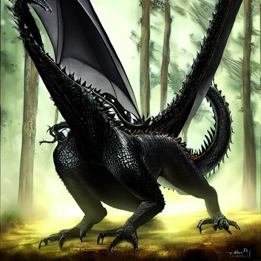 Prompt: portrait, black dragon, forest background, 4 k, cinematic composition, fantasy, extremely detailed, hyperrealism