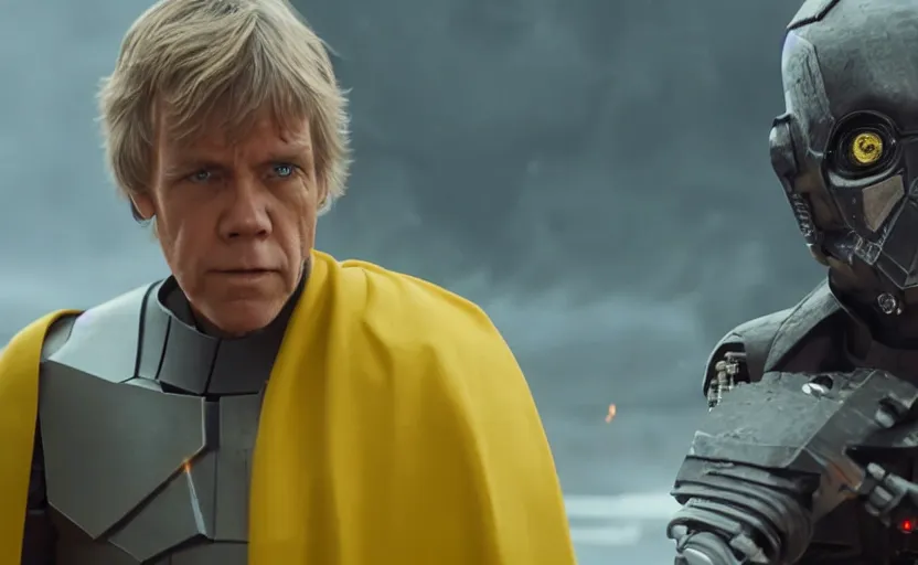 Prompt: cinematic still image screenshot portrait of cybernetic half android half man luke skywalker battle wounds wearing a yellow cape talking to maz kanata,, ending from force awakens crisp 4 k imax, moody iconic scene